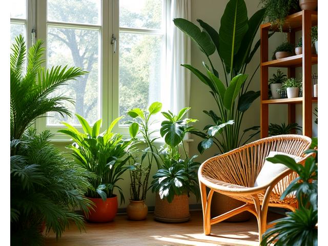 Un angolo di vita verde con molte piante d'appartamento, luce naturale che filtra, e materiali naturali come legno e pietra, creando un'atmosfera serena e sostenibile.