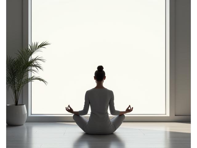 Una persona medita in una stanza minimalista e luminosa, circondata da luce naturale e toni neutri, con un'unica pianta verde a rappresentare la serenità. L'immagine cattura un senso di calma e equilibrio.
