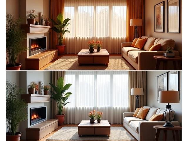 Un interno accogliente e modulabile che cambia con le stagioni. Inverno: tessuti caldi, camino acceso virtuale. Estate: colori chiari, tessuti leggeri, finestre aperte. Sottolinea la flessibilità e l'adattamento.