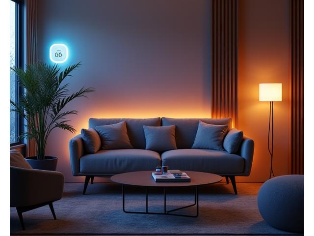Tecnologia smart home integrata fluidamente in un ambiente domestico moderno e confortevole, con luci intelligenti, termostato connesso e purificatore d'aria discreto. L'ambiente è sereno e hi-tech.