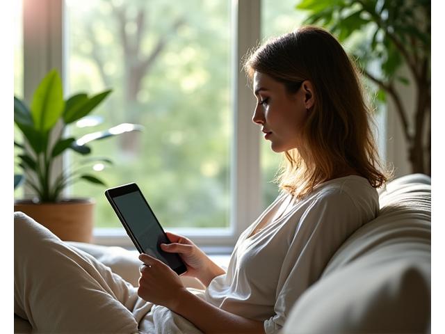 Donna legge un blog wellness su tablet in un soggiorno luminoso con piante, riflettendo la combinazione di tecnologia e natura per il benessere. La luce del sole entra dolcemente dalla finestra.