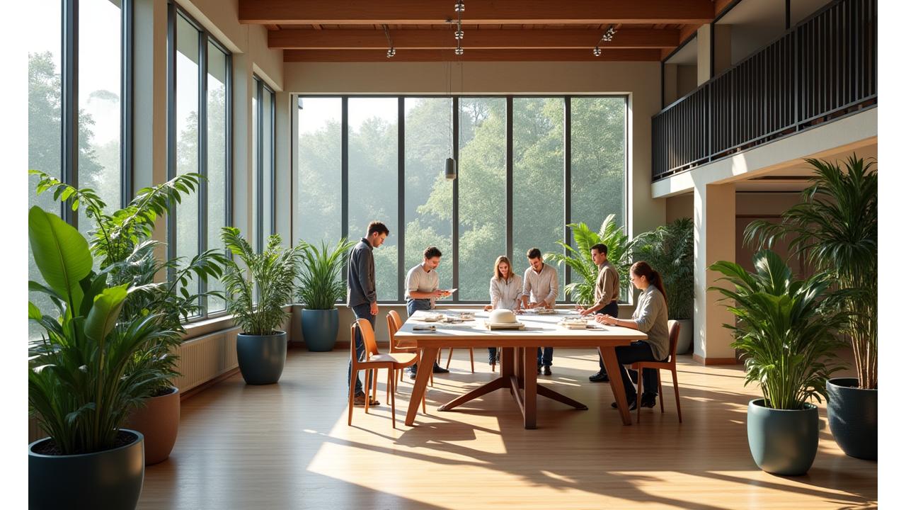 Team di Linea Architetto al lavoro in un ufficio moderno e luminoso, simboleggiante innovazione e benessere.