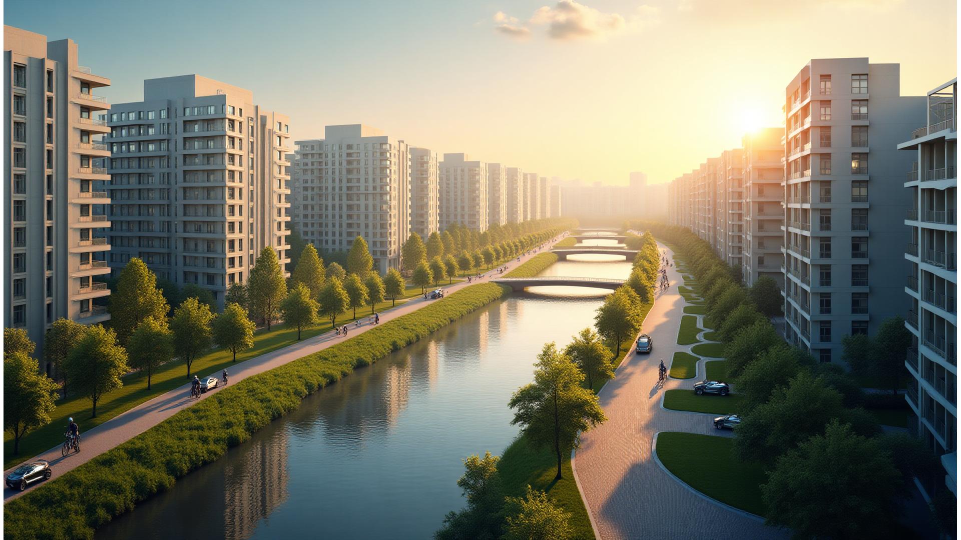 Veduta aerea di un quartiere urbano riqualificato con aree verdi, piste ciclabili e architetture moderne, sotto un cielo sereno all'alba.