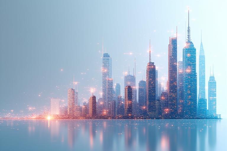 Grafici di analisi finanziaria e modelli 3D di progetti edilizi sovrapposti a uno skyline cittadino, riflettendo l'ottimizzazione degli investimenti urbanistici.
