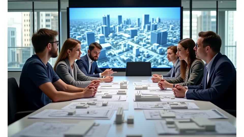 Diverse persone di etnie e età differenti che collaborano intorno a un grande tavolo da riunione con progetti e modelli 3D di una città, simboleggiando la partnership e l'impegno comunitario.