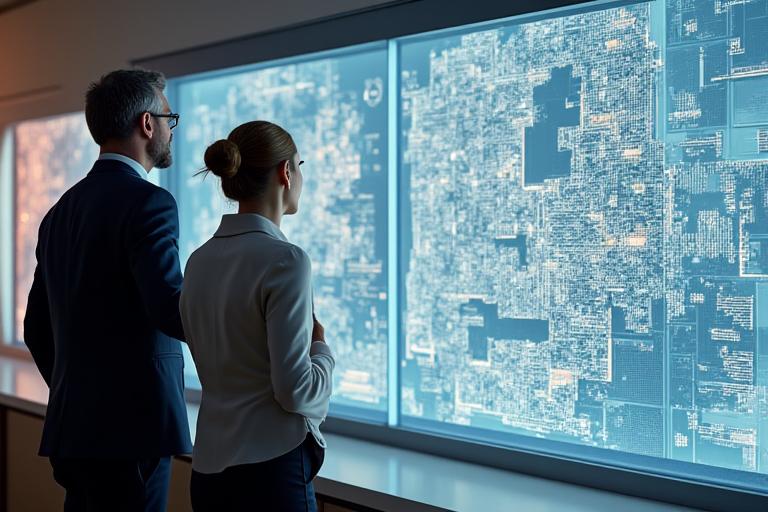 Professionisti che analizzano complessi documenti urbanistici e mappe in un ufficio moderno, con schemi e grafici su schermi, riflettendo precisione e know-how.