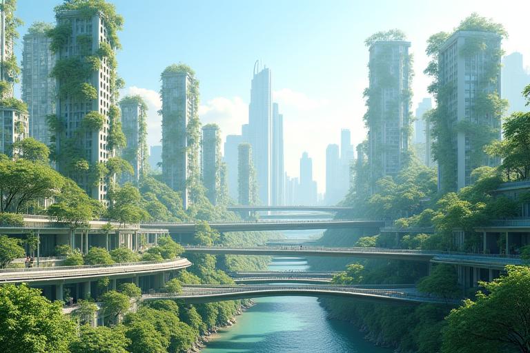 Immagine futuristica di una città verde con edifici ecocompatibili, giardini verticali, pannelli solari e infrastrutture per la mobilità sostenibile, sotto un cielo azzurro.