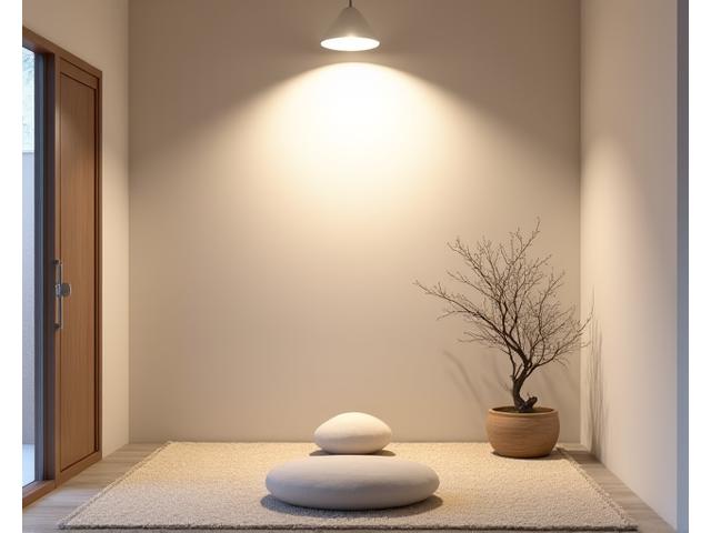 Angolo meditazione tranquillo con cuscini e luce soffusa