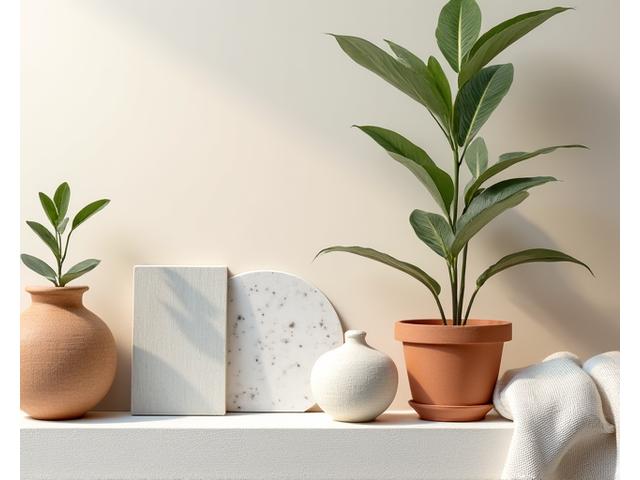 Dettaglio di un tavolo in legno naturale, vasi in terracotta e tessuti organici in una stanza luminosa.