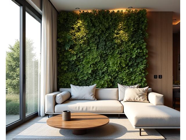Parete verde verticale in un moderno salotto, con divano in lino naturale e illuminazione soffusa.