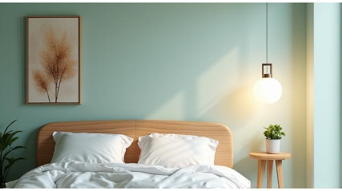 Esempio di palette colori per una camera da letto: tonalità di verde acquatico, beige, e bianco caldo, con accenti di legno chiaro.