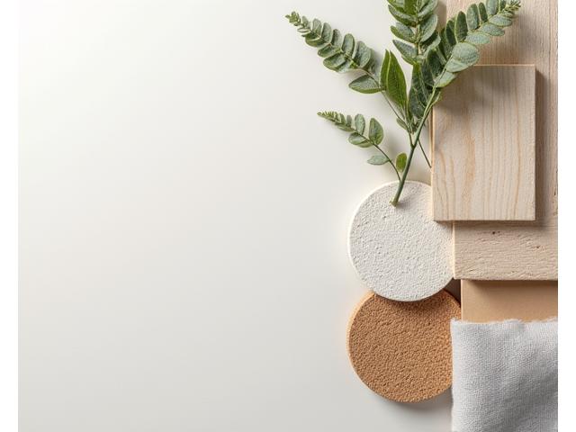 Campioni di materiali da costruzione ecologici: legno non trattato, intonaco di calce, pannelli di sughero, tessuti organici in tonalità naturali.