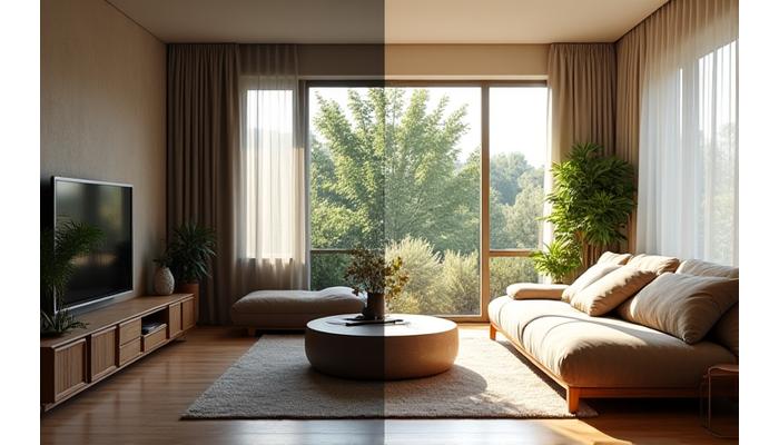 Spazio giorno prima e dopo la trasformazione Linea Architetto, con aree dedicate al relax e alla meditazione.