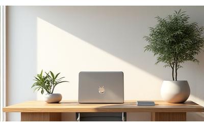 Home office minimalista e luminoso, con scrivania in legno, sedia ergonomica, parete con finitura in pietra e una piccola fontana da tavolo.