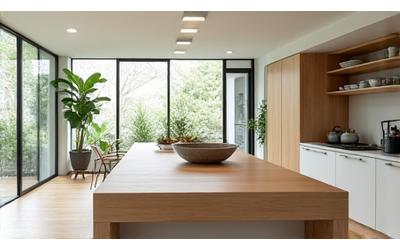 Cucina moderna e spaziosa con isola centrale in legno chiaro, abbondante luce naturale, piante aromatiche appese e utensili ben organizzati.