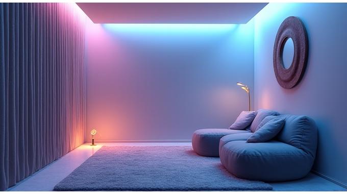 Stanza sensoriale con luci soffuse, poltrone avvolgenti, pannelli fonoassorbenti a parete e tessuti morbidi, progettata per ridurre sovraccarico sensoriale.