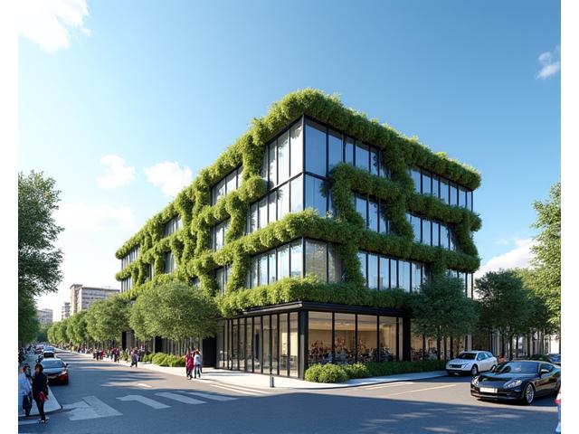 Edificio commerciale moderno con pannelli solari sul tetto