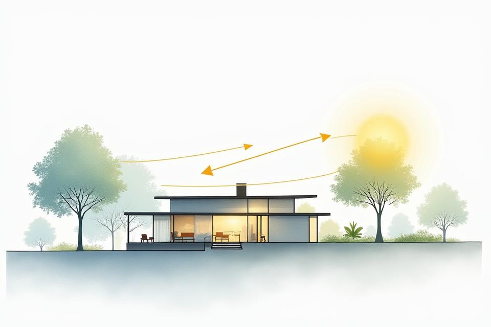 Illustrazione schematica di una casa che mostra il percorso del sole nelle diverse stagioni, evidenziando l'orientamento ottimizzato e le strategie di ventilazione naturale come l'effetto camino.