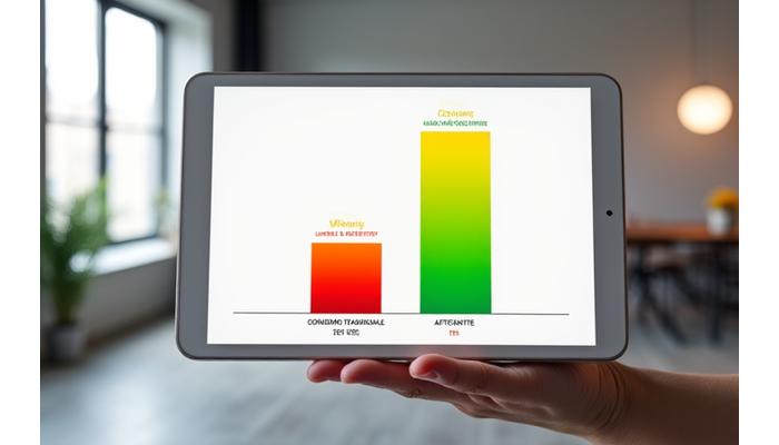 Grafico comparativo che evidenzia la drastica riduzione dei consumi energetici di un edificio prima e dopo l'intervento di Linea Architetto, con barre verdi che indicano il risparmio.