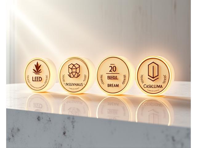 Icone stilizzate che rappresentano le certificazioni LEED, Passivhaus, BREEAM e CasaClima, disposte su una superficie elegante a rappresentare qualità e valore.
