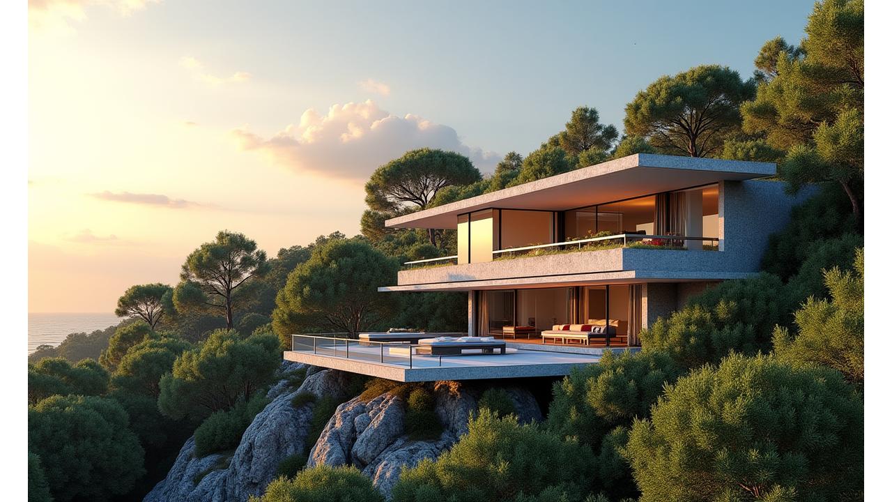Moderna architettura sostenibile integrata nella natura, con pannelli solari invisibili e ampie superfici vetrate che riflettono il cielo.