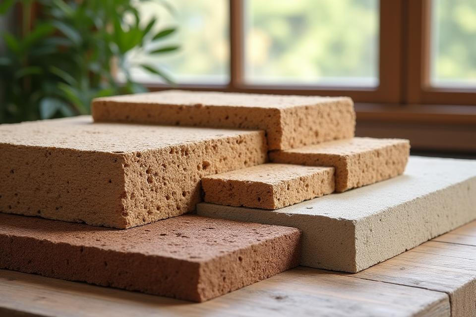 Dettaglio di una parete interna in intonaco di terra cruda, con campioni di legno FSC, sughero e fibra di canapa disposti su un tavolo, che evidenziano texture e colori naturali.