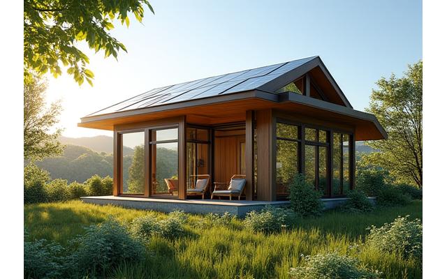 Esterno di una casa moderna con pannelli solari e tetto verde in architettura sostenibile