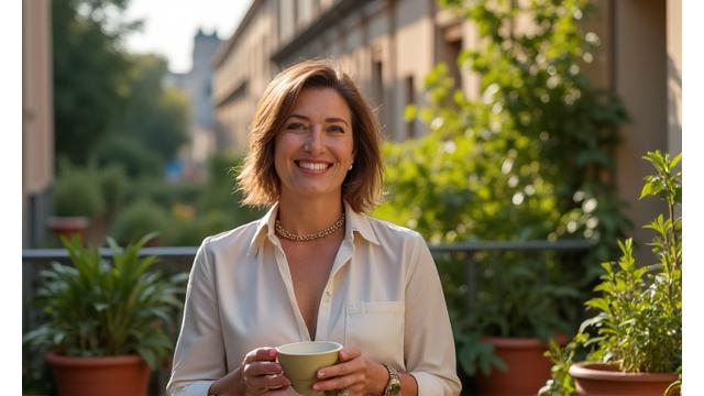 Cliente soddisfatto sorridente in un balcone verde progettato da Linea Architetto