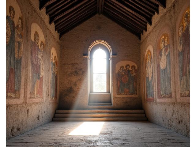 Interno di un'antica chiesa medievale restaurata, con affreschi rivelati e travi in legno recuperate.