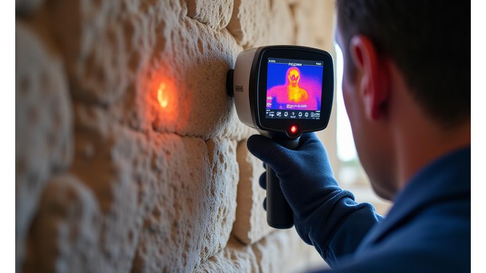 Un termografo mostra le variazioni di temperatura sulla parete di un edificio storico.