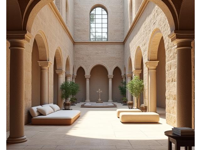 Corte interna di un ex convento trasformata in residenza di lusso, con elementi moderni che si fondono con l'architettura storica.