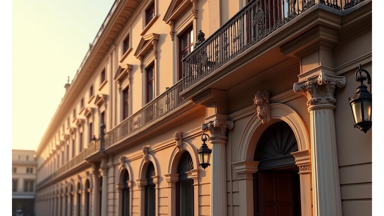 Facciata restaurata di un palazzo storico romano con dettagli raffinati sotto un cielo azzurro.