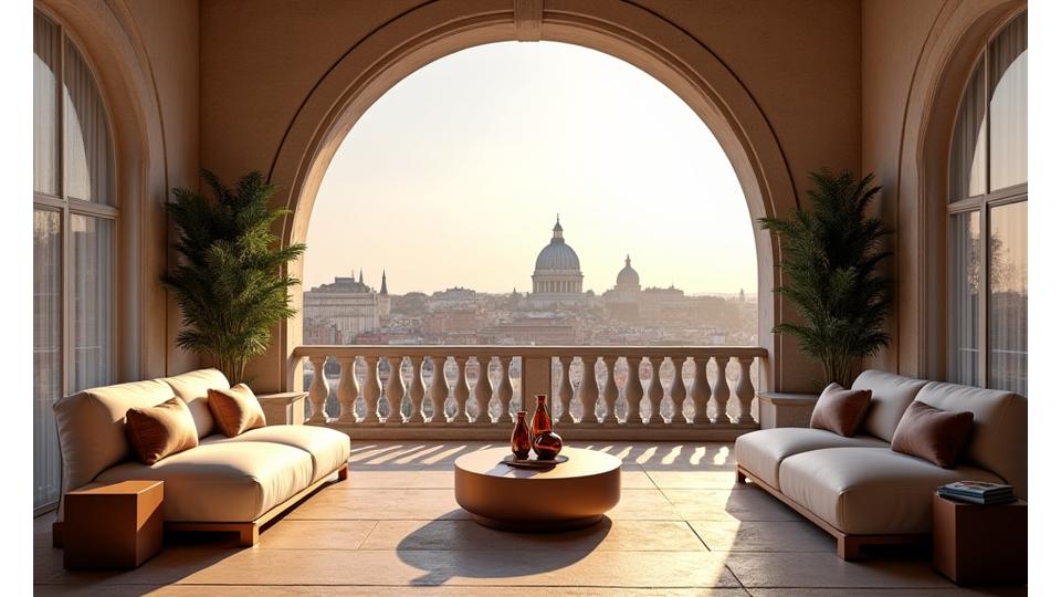 Un elegante appartamento moderno ricavato in un edificio storico restaurato, con vista sulla città.