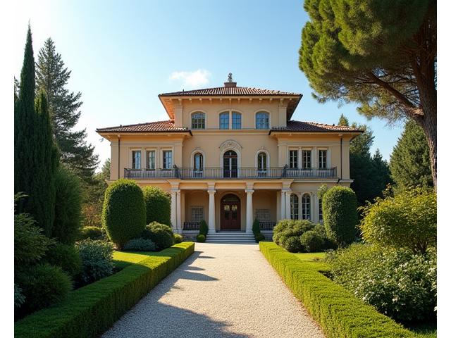 Esterno di una villa d'epoca romana circondata da giardini, con nuovi infissi che rispettano lo stile originario.