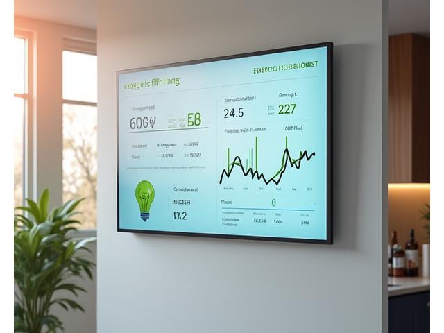 Interfaccia smart home su tablet che mostra grafici di consumo energetico e previsioni di risparmio, con dettagli sui dispositivi connessi.