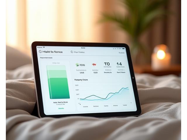 Schermata di una dashboard smart home che mostra grafici e dati sulla qualità dell'aria, temperatura, e parametri di sonno, in tonalità rilassanti e chiare.