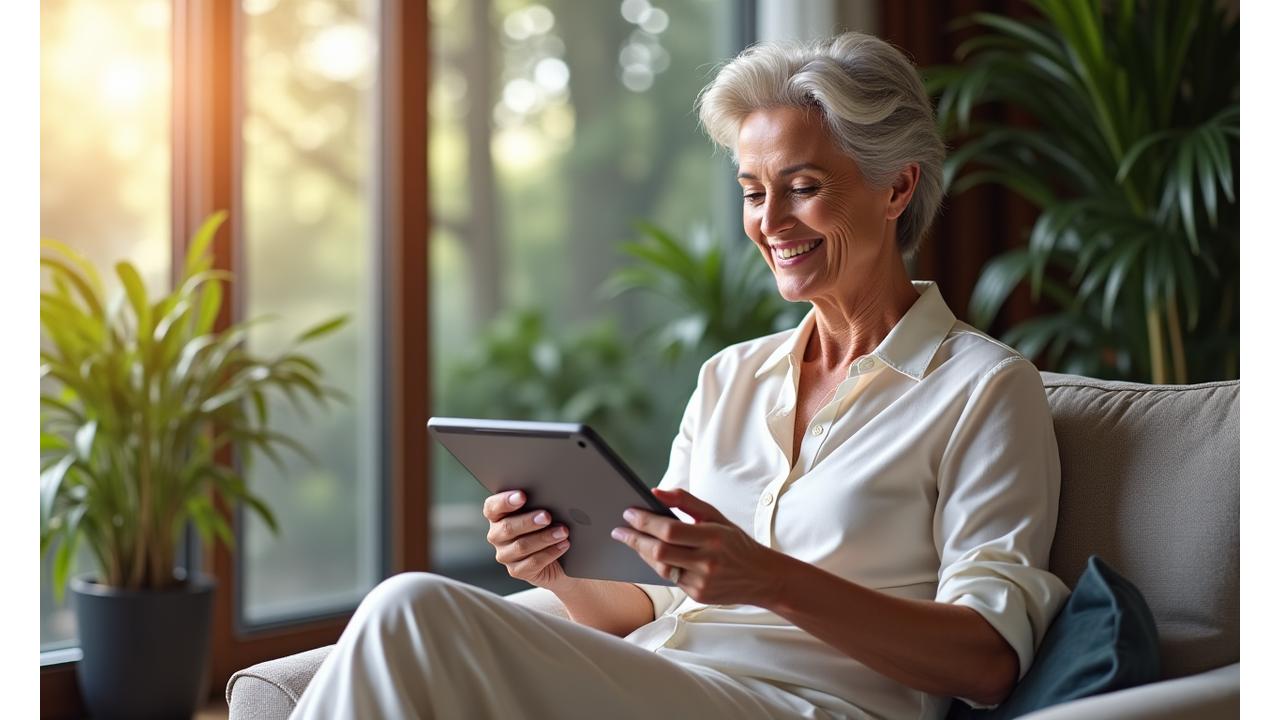 Donna di 50-60 anni che utilizza un tablet con interfaccia smart home pulita e intuitiva, in un ambiente domestico luminoso.