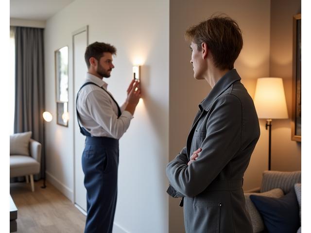 Un tecnico Linea Architetto installa discretamente un dispositivo smart in una casa moderna, interagendo amichevolmente con un cliente over 35.