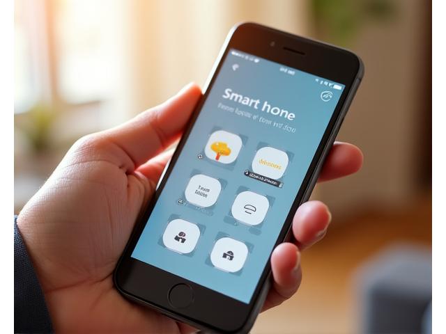 Schermata di un'app mobile per smart home con icone grandi, testo chiaro e navigazione semplificata, su uno smartphone tenuto in mano.