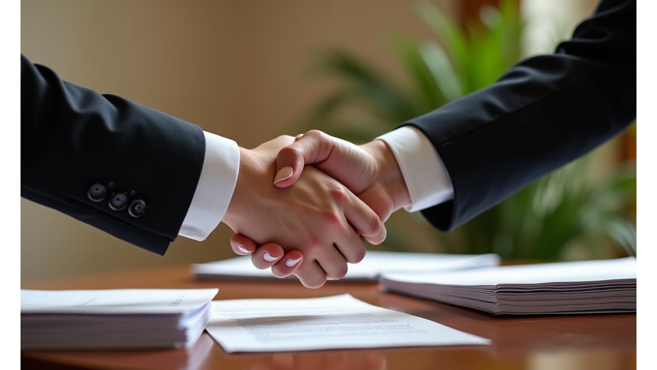 Due mani si uniscono in una stretta decisa sopra un tavolo di legno lucidato, con documenti legali e una pianta verde minimalista sullo sfondo. Simbolizza la risoluzione amichevole delle controversie e l'accordo.