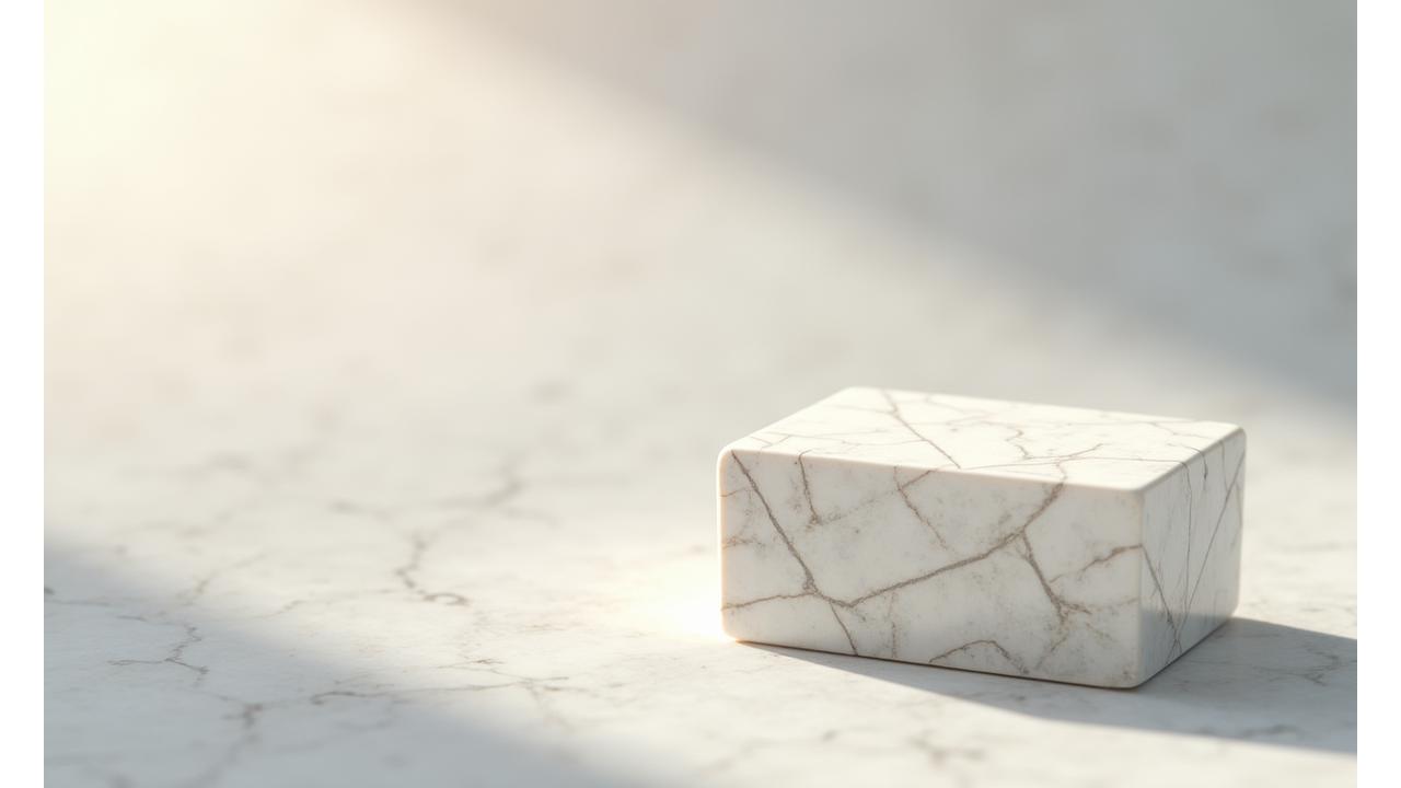 Un elegante blocco di marmo chiaro con linee geometriche inscritte, che simboleggia la solida base legale e la trasparenza. La luce solare softly illumina le scanalature, creando un senso di chiarezza e struttura.