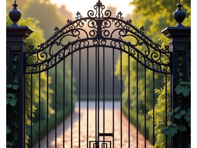 Una robusta recinzione in ferro battuto con ornamenti eleganti e un cancello chiuso, sullo sfondo di un giardino ben curato. Simboleggia i limiti, la protezione legale e la sicurezza delle relazioni contrattuali.
