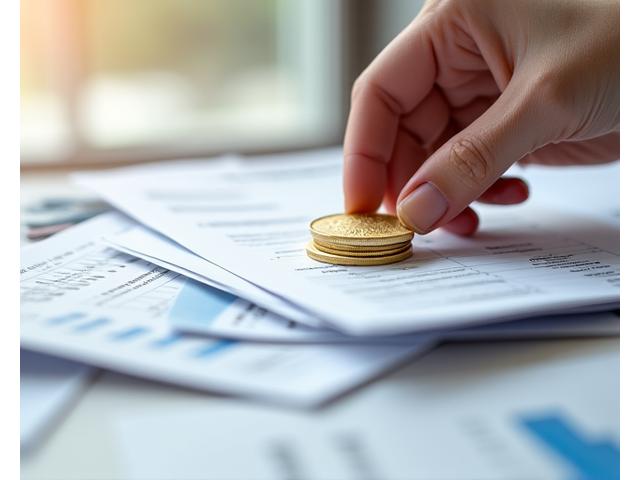 Una mano elegante deposita una moneta d'oro su una pila ordinata di documenti finanziari e grafici puliti, su uno sfondo di colore primario. L'immagine trasmette precisione, valore e processi finanziari trasparenti.